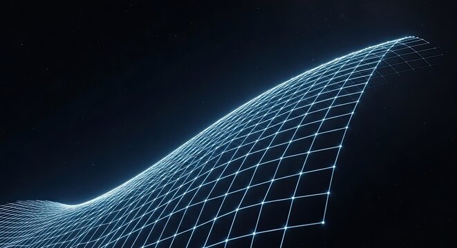 Dynamic glowing grid on dark starry background evokes futuristic technology, network connections, and digital landscapes for innovative projects