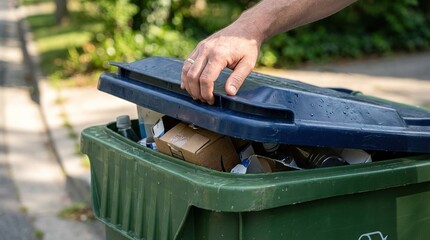 A hand lifts a trash can lid, symbolizing responsible waste disposal, environmental stewardship, and the importance of recycling.