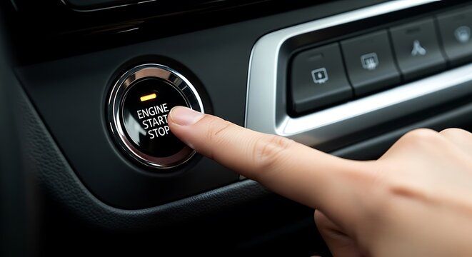 Finger pressing illuminated engine start stop button in car interior image