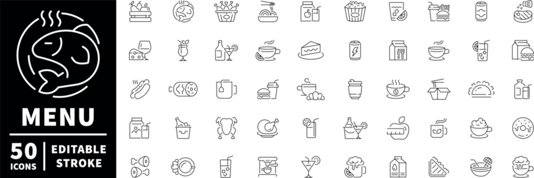 Menu related icons set. Food and drink icons set. editable line icons, outline, meal, beverage symbols
