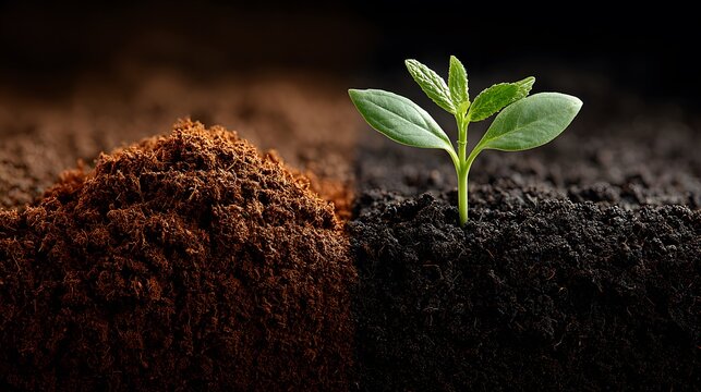 Powerful photorealistic comparison of decomposing organic compost on one side and rich, dark, fertile soil with a green sprout on the other side.
