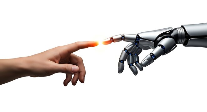 Human hand and robot hand touching with glowing orange light artificial intelligence