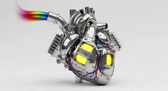 Metallic mechanical heart with glowing yellow windows and rainbow exhaust chrome steel