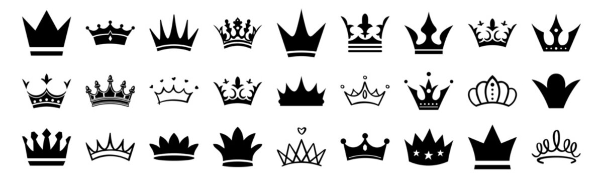 Naklejki Crown icon. King, queen or princess crowns, luxury diadem vector silhouette. Black vintage tiara and imperial emblem, simple line symbol set. Authority decoration and classic monarch signs