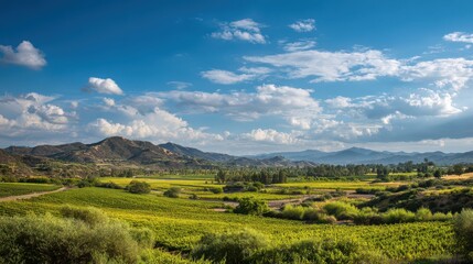 Scenic Temecula Wine Country: Lush Fields and Rolling Landscapes Under a Bright Sky
