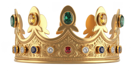 Ornate golden crown with colorful gemstones isolated on a transparent background