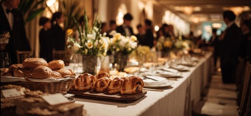 Elegant buffet table with bread, pastries, and floral arrangements.