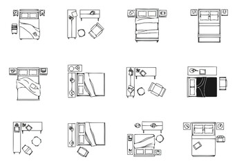 Top View Floor Plan Layouts for Bedrooms with Furniture Arrangement Options furniture icons interior design architecture
