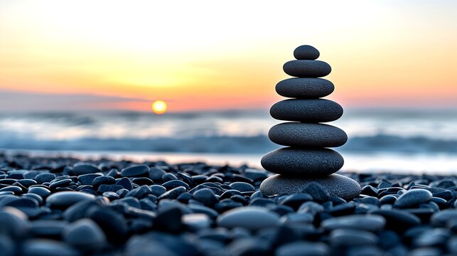 A tower of stones balanced in perfect harmony by the sea at sunset, symbolizing balance and peace