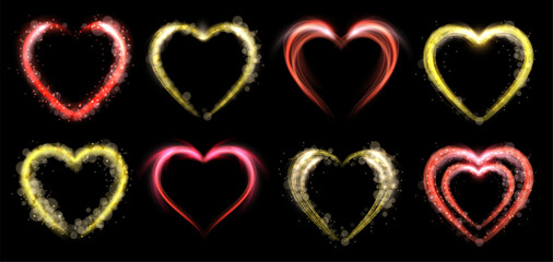 Magic glowing hearts. Love line glow symbol and sparkles, light heart neon frame with glitter. Luxury Valentines Day romantic decoration. Vector set isolated on black background