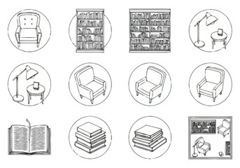 Cozy Reading Nook Icons Armchair Bookshelf Lamp Books Lounge Area Sketches furniture icons interior design architecture