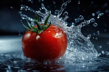 A vibrant red tomato is captured in a moment of water splashing around it, creating a dynamic and visually striking image.