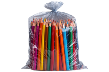Colorful wooden pencils bundled inside transparent plastic bag on transparent background