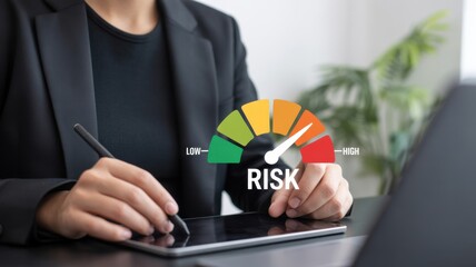 Financial Risk Assessment: A businesswoman, poised with a pen, engages with a digital interface displaying a risk meter, symbolizing financial challenges and prudent decision-making.