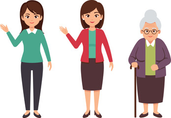 Woman life stages illustration showing adult, middle age and elderly grandmother aging process, generation lifestyle, family growth and character design