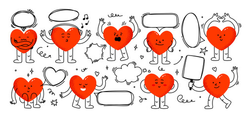 Naklejka premium Doodle frames with heart mascot. Cartoon heart characters with speech bubble, hand drawn love symbols and message boxes, cute hearts mascots with quotation and thinking clouds vector set