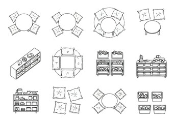 Hand Drawn Furniture and Arrangement Icons Top View and Isometric Views for Interior Design Planning furniture icons interior design architecture