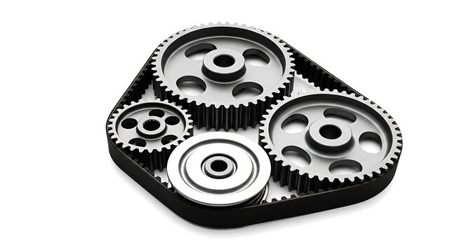 Silver metal gears and black timing belt on white background cogs