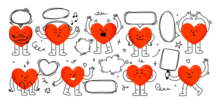 Doodle frames with heart mascot. Cartoon heart characters with speech bubble, hand drawn love symbols and message boxes, cute hearts mascots with quotation and thinking clouds vector set
