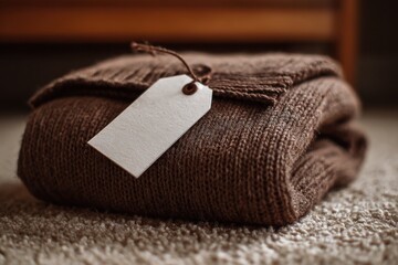 Folded Brown Knitted Sweater with Blank Tag on Carpet.