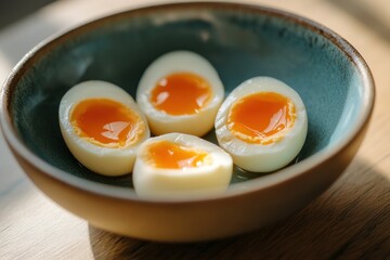 A bowl of boiled eggs with a vibrant blue rim, set against a backdrop of a wooden table and a window with a view of a serene garden.