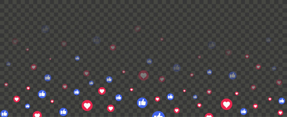 Naklejka premium Heart like flying media icons. Social media emoji with thumb up isolated icon for reaction. Live stream network pattern of share button. Marketing banner, web vector background