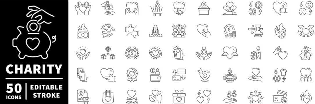 Charity and donation icons set. line, editable line icons, aid and support symbols