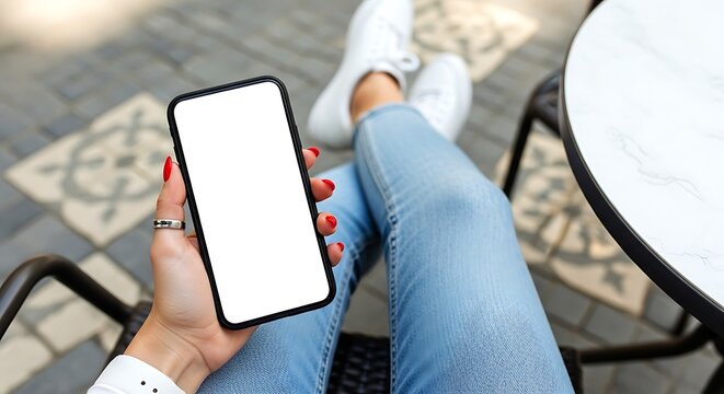 Woman holding blank screen smartphone outdoors at cafe table with white sneakers image - Powered by Adobe
