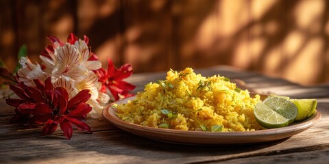 Delicious Lemon Rice Dish with Fresh Lime and Flowers.