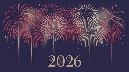 Celebrating new year 2026 with fireworks display against dark blue background