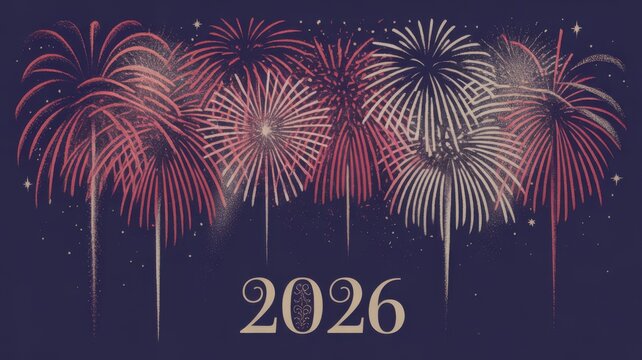 Celebrating new year 2026 with fireworks display against dark blue background