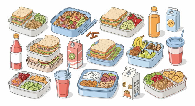 Vibrant collection of packed lunchboxes and meal prep containers. Diverse healthy food options sandwiches, fruits, and drinks for convenient, nutritious daily meals
