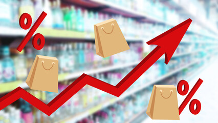 Red sign arrow up, percent on blur supermarket background. Bar charts and graph. Rising price. Inflation concept. Retail industry. Grocery chain. Market. Shopping bag. Sale. Recession. value added tax