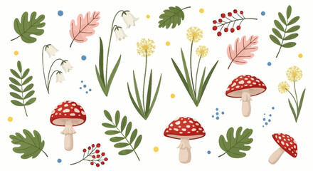 Whimsical Woodland Illustrations Enchanting Flowers, Red Mushrooms, and Delicate Leaves