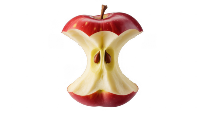 Red apple core with visible seeds and stem isolated on a transparent background 2