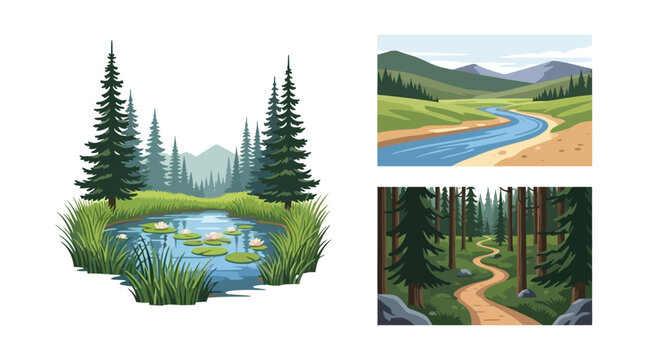 A collection of serene landscape illustrations featuring a tranquil forest pond, a winding river through a valley, and a scenic path in the woods