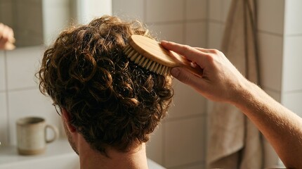 A person grooming their curly hair in a bathroom, the act of self-care and personal hygiene is shown. 