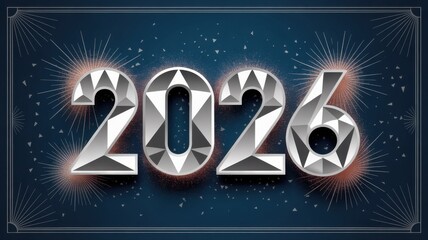 Geometric illustration of 2026 new year in silver design on dark blue background