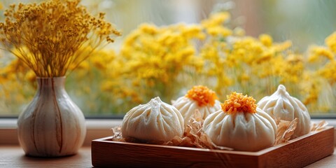 Delicious Soup Dumplings with Golden Flowers and Autumnal Window View.