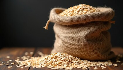Raw oat flakes spill from burlap sack onto rustic wooden table. Natural healthy cereal grains ready for cooking breakfast or baking recipes.