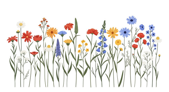 Beautiful illustration of a variety of wildflowers in bloom, creating a vibrant and colorful natural meadow scene