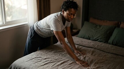 A person tidies a bed, straightening bedding in a light-filled bedroom. A daily routine is the start of a productive day.