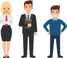 Professional business team standing together, diverse office workers characters illustration for corporate presentation, teamwork, leadership, and workplace communication concept
