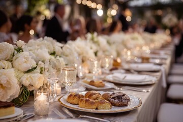 Elegant Wedding Reception Table Setting with Floral Centerpieces.