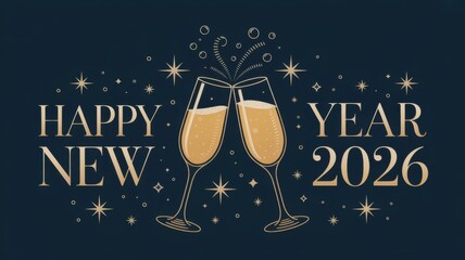 Golden happy new year 2026 with champagne glasses and star decoration