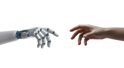 Robot hand reaching towards human hand isolated on a transparent background