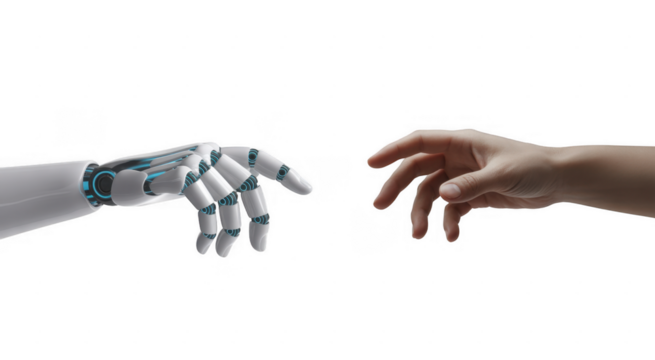 Robot hand reaching towards human hand isolated on a transparent background - Powered by Adobe