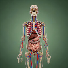Human Anatomy Showing Skeleton, Organs and Blood Vessels