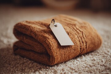 Folded Brown Sweater with Blank Tag on Carpet.