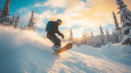 Snowboarder slides at ski slope. Man snowboarder riding on slope.
